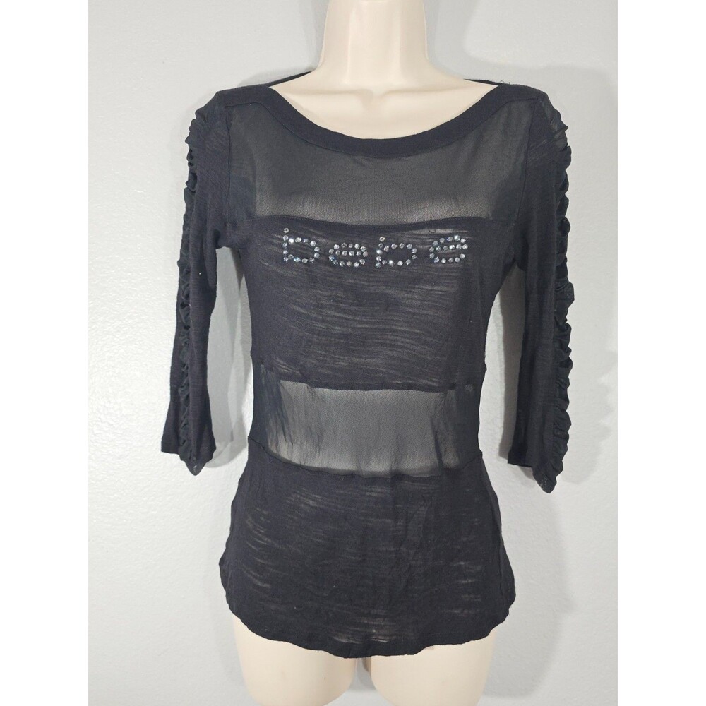 BEBE Black Mesh Sheer Crystal Embellished Logo Ruched Sleeve Top XS EUC Y2K BD